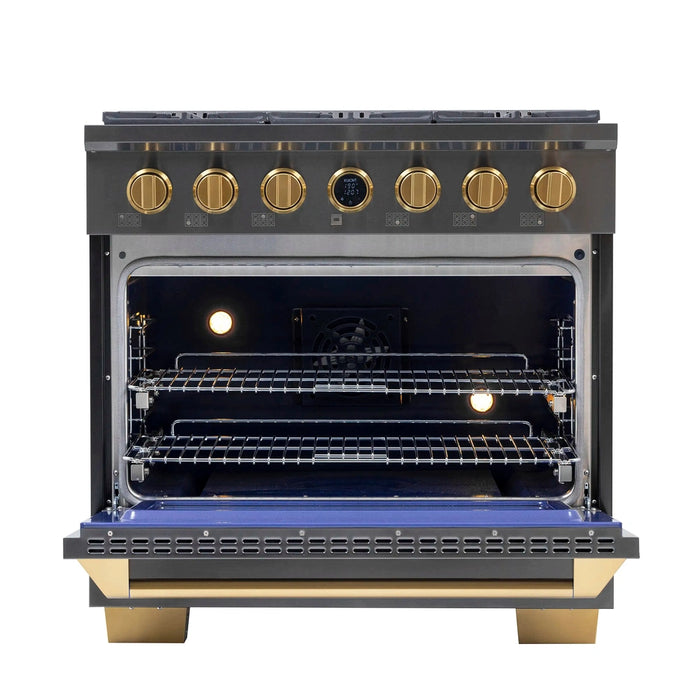 Kucht 2-Piece Appliance Package - 36-Inch Propane Gas Range with 5.2 Cu. Ft. Oven & Wall Mount Range Hood in Dark Titanium Stainless Steel with Gold Accents