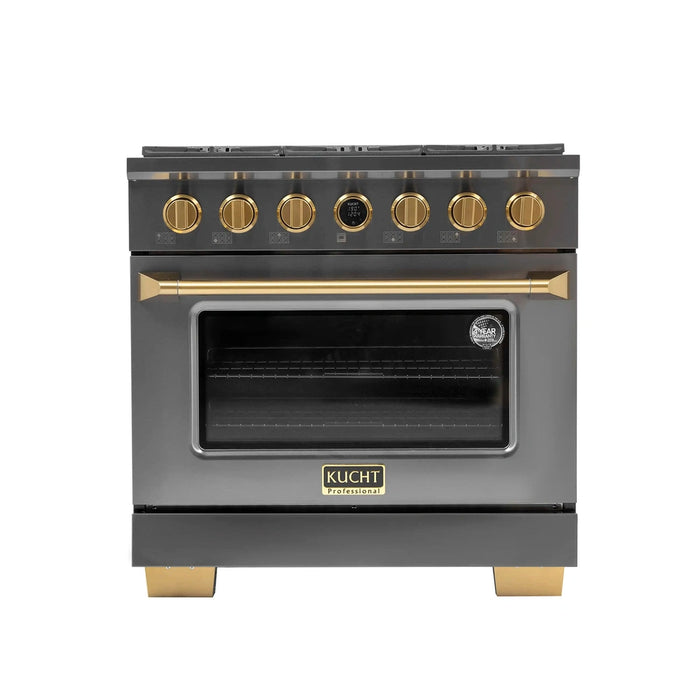 Kucht 2-Piece Appliance Package - 36-Inch Propane Gas Range with 5.2 Cu. Ft. Oven & Wall Mount Range Hood in Dark Titanium Stainless Steel with Gold Accents