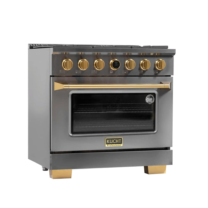 Kucht 2-Piece Appliance Package - 36-Inch Propane Gas Range with 5.2 Cu. Ft. Oven & Wall Mount Range Hood in Dark Titanium Stainless Steel with Gold Accents