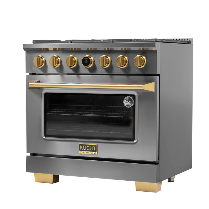 Kucht 2-Piece Appliance Package - 36-Inch Natural Gas Range with 5.2 Cu. Ft. Oven & Wall Mount Range Hood in Dark Titanium Stainless Steel with Gold Accents