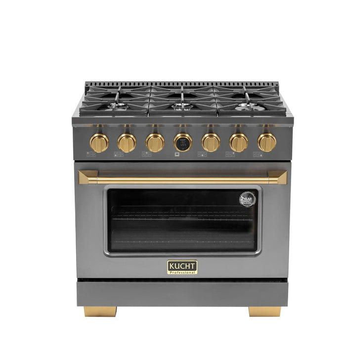 Kucht 2-Piece Appliance Package - 36-Inch Propane Gas Range with 5.2 Cu. Ft. Oven & Wall Mount Range Hood in Dark Titanium Stainless Steel with Gold Accents