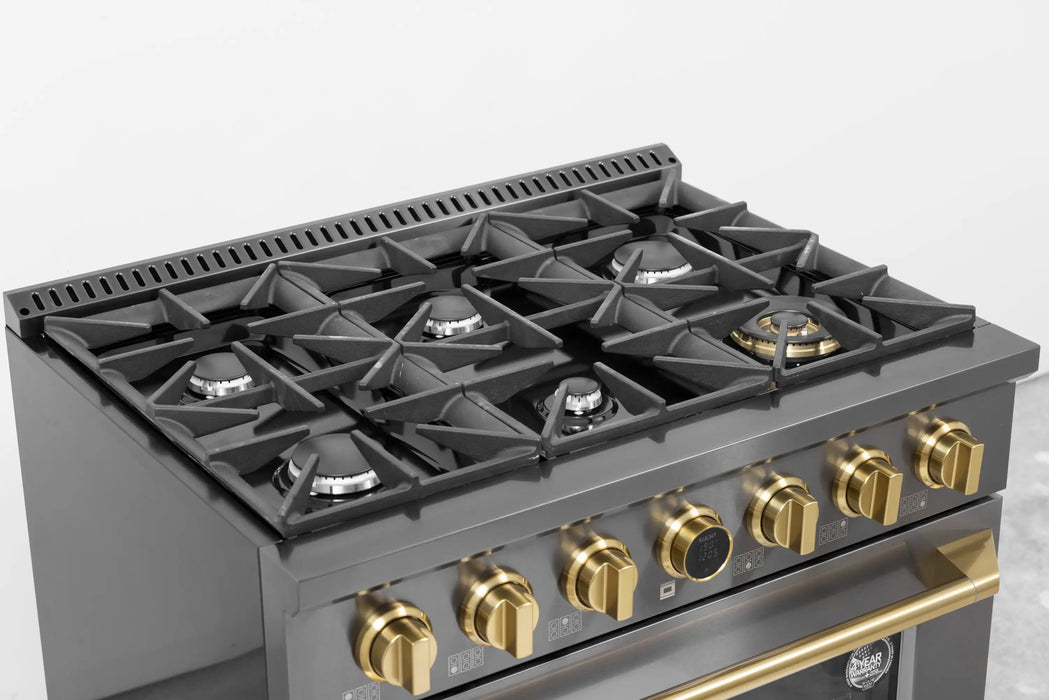 Kucht 2-Piece Appliance Package - 36-Inch Natural Gas Range with 5.2 Cu. Ft. Oven & Wall Mount Range Hood in Dark Titanium Stainless Steel with Gold Accents