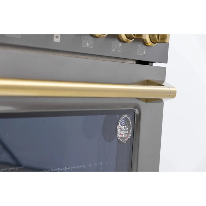 Kucht 2-Piece Appliance Package - 36-Inch Propane Gas Range with 5.2 Cu. Ft. Oven & Wall Mount Range Hood in Dark Titanium Stainless Steel with Gold Accents