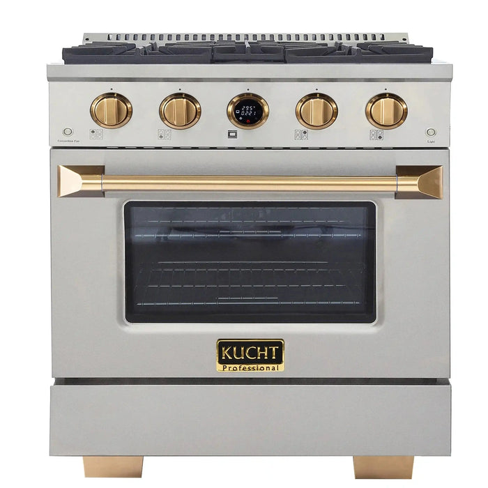 Kucht 2-Piece Appliance Package - 30-Inch Propane Gas Range with 4.2 Cu. Ft. Oven & Under Cabinet Range Hood in Stainless Steel with Gold Accents
