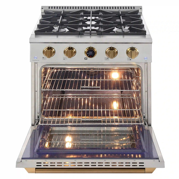 Kucht 2-Piece Appliance Package - 30-Inch Natural Gas Range with 4.2 Cu. Ft. Oven & Wall Mount Range Hood in Stainless Steel with Gold Accents