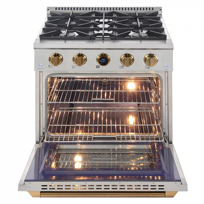 Kucht 2-Piece Appliance Package - 30-Inch Propane Gas Range with 4.2 Cu. Ft. Oven & Wall Mount Range Hood in Stainless Steel with Gold Accents