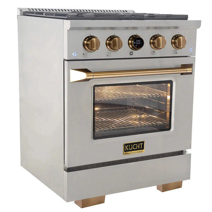 Kucht 2-Piece Appliance Package - 30-Inch Propane Gas Range with 4.2 Cu. Ft. Oven & Under Cabinet Range Hood in Stainless Steel with Gold Accents