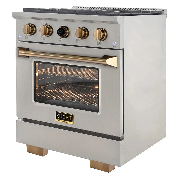 Kucht 2-Piece Appliance Package - 30-Inch Natural Gas Range with 4.2 Cu. Ft. Oven & Wall Mount Range Hood in Stainless Steel with Gold Accents