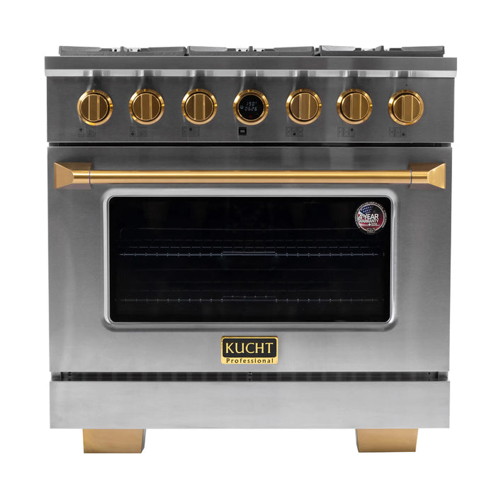 Kucht 2-Piece Appliance Package - 36-Inch Natural Gas Range with 5.2 Cu. Ft. Oven & Under Cabinet Range Hood in Stainless Steel with Gold Accents