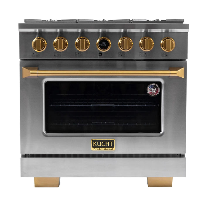 Kucht 2-Piece Appliance Package - 36-Inch Propane Gas Range with 5.2 Cu. Ft. Oven & Under Cabinet Range Hood in Stainless Steel with Gold Accents