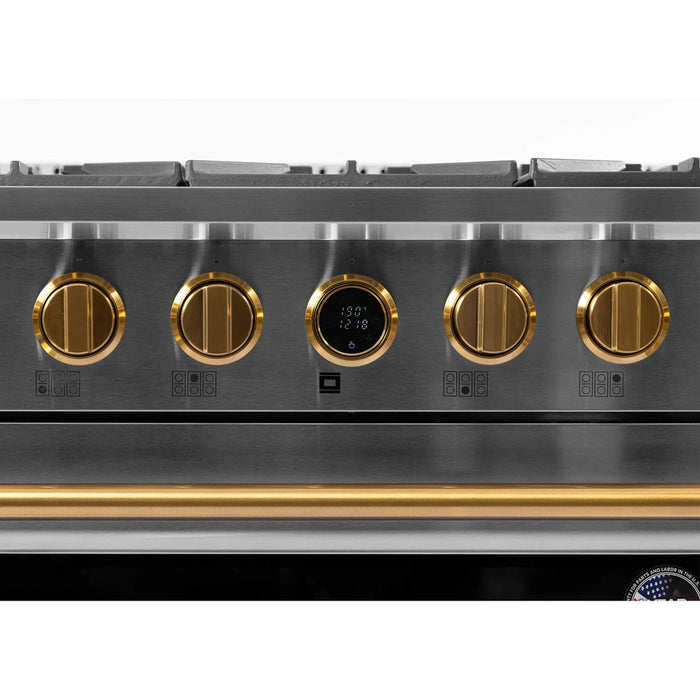 Kucht 2-Piece Appliance Package - 36-Inch Propane Gas Range with 5.2 Cu. Ft. Oven & Under Cabinet Range Hood in Stainless Steel with Gold Accents