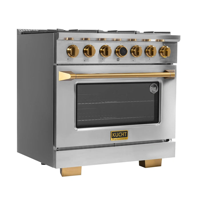 Kucht 2-Piece Appliance Package - 36-Inch Propane Gas Range with 5.2 Cu. Ft. Oven & Wall Mount Range Hood in Stainless Steel with Gold Accents