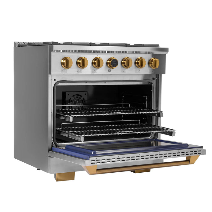 Kucht 2-Piece Appliance Package - 36-Inch Natural Gas Range with 5.2 Cu. Ft. Oven & Under Cabinet Range Hood in Stainless Steel with Gold Accents