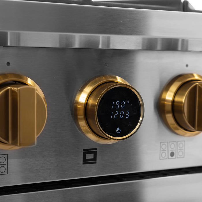 Kucht 2-Piece Appliance Package - 36-Inch Natural Gas Range with 5.2 Cu. Ft. Oven & Under Cabinet Range Hood in Stainless Steel with Gold Accents