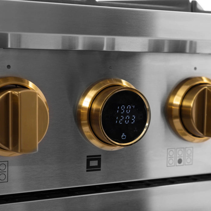Kucht 2-Piece Appliance Package - 36-Inch Propane Gas Range with 5.2 Cu. Ft. Oven & Under Cabinet Range Hood in Stainless Steel with Gold Accents