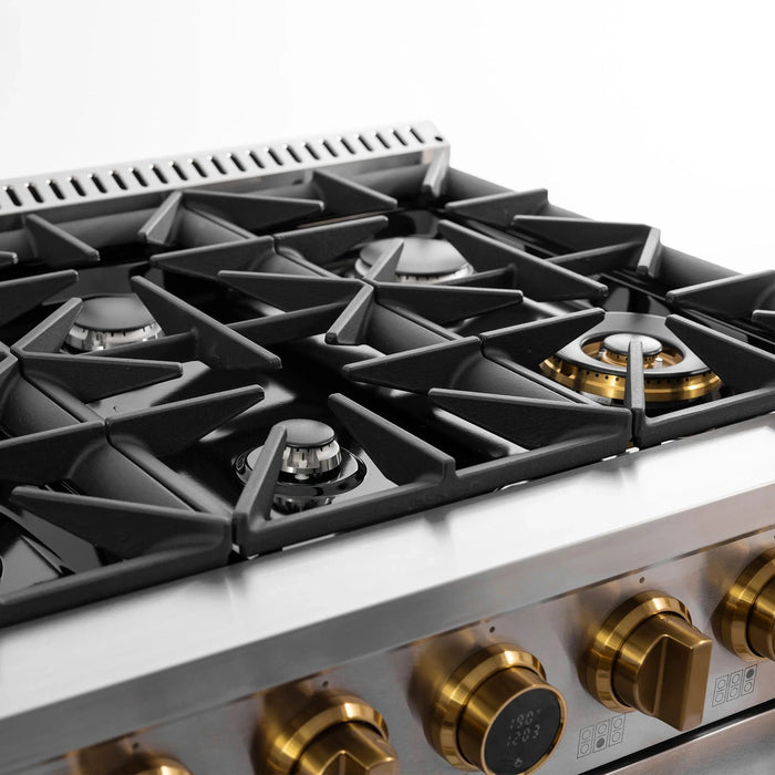 Kucht 2-Piece Appliance Package - 36-Inch Propane Gas Range with 5.2 Cu. Ft. Oven & Wall Mount Range Hood in Stainless Steel with Gold Accents