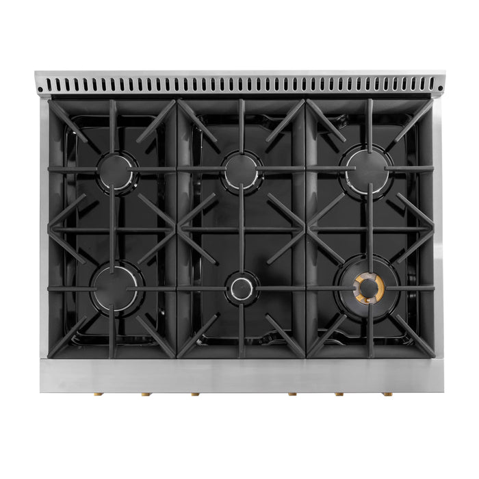 Kucht 2-Piece Appliance Package - 36-Inch Natural Gas Range with 5.2 Cu. Ft. Oven & Wall Mount Range Hood in Stainless Steel with Gold Accents
