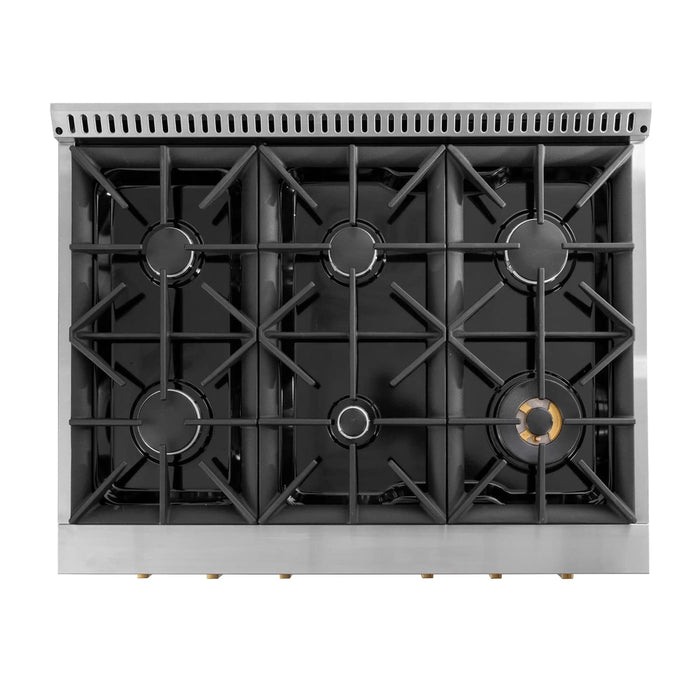Kucht 2-Piece Appliance Package - 36-Inch Propane Gas Range with 5.2 Cu. Ft. Oven & Wall Mount Range Hood in Stainless Steel with Gold Accents
