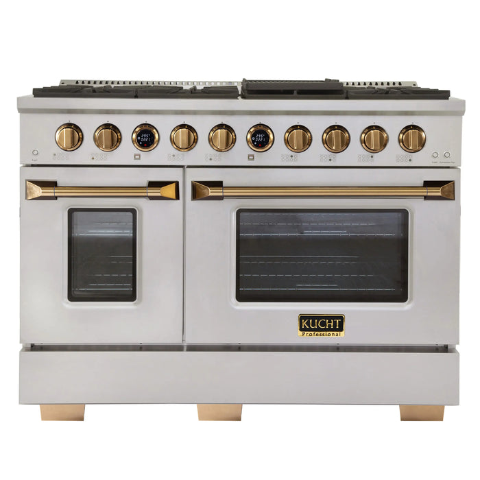 Kucht 2-Piece Appliance Package - 48-Inch Natural Gas Range with 6.7 Cu. Ft. Oven & Wall Mount Range Hood in Stainless Steel with Gold Accents