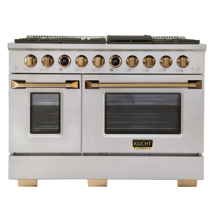 Kucht 2-Piece Appliance Package - 48-Inch Natural Gas Range with 6.7 Cu. Ft. Oven & Under Cabinet Range Hood in Stainless Steel with Gold Accents