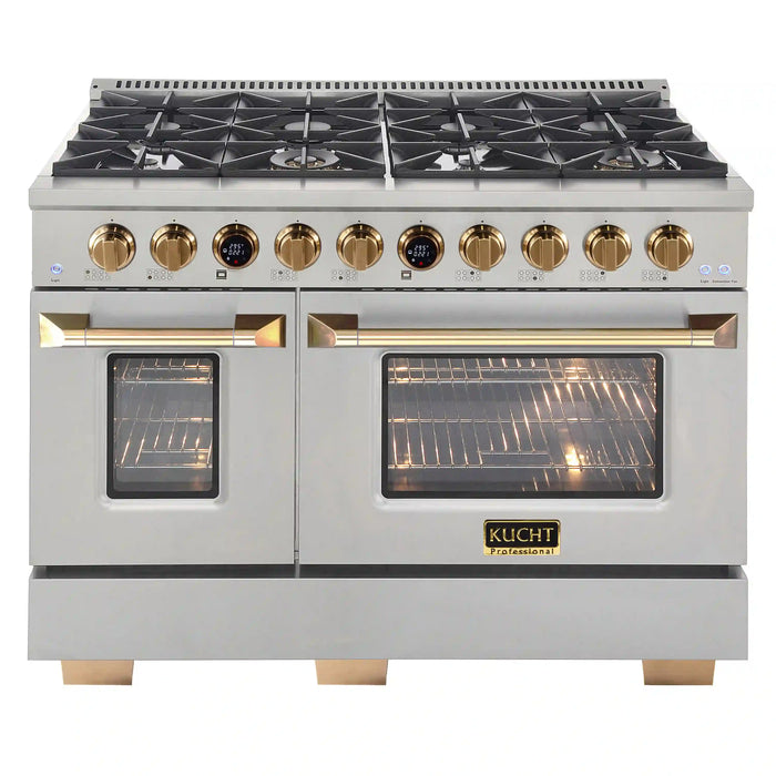 Kucht Horus 48-Inch Dual Fuel Range in Propane Gas with  6.7 cu. ft. Electric Oven & 8 Gas Burners in Stainless Steel with Gold Accents & Digital Thermostat (KXP48-GL/LP)