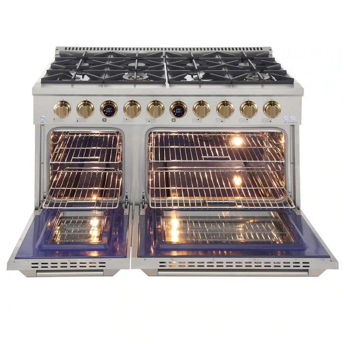 Kucht 2-Piece Appliance Package - 48-Inch Natural Gas Range with 6.7 Cu. Ft. Oven & Under Cabinet Range Hood in Stainless Steel with Gold Accents