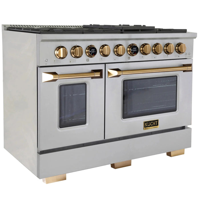 Kucht 2-Piece Appliance Package - 48-Inch Propane Gas Range with 6.7 Cu. Ft. Oven & Wall Mount Range Hood in Stainless Steel with Gold Accents
