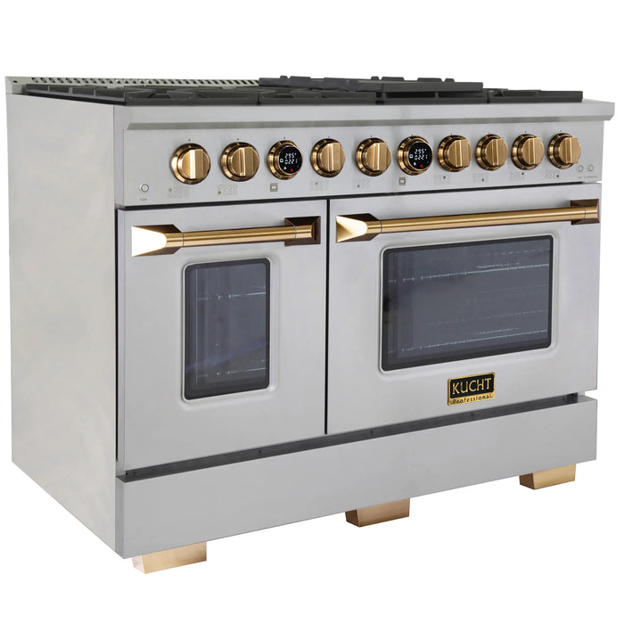 Kucht Horus 48-Inch Dual Fuel Range in Propane Gas with  6.7 cu. ft. Electric Oven & 8 Gas Burners in Stainless Steel with Gold Accents & Digital Thermostat (KXP48-GL/LP)