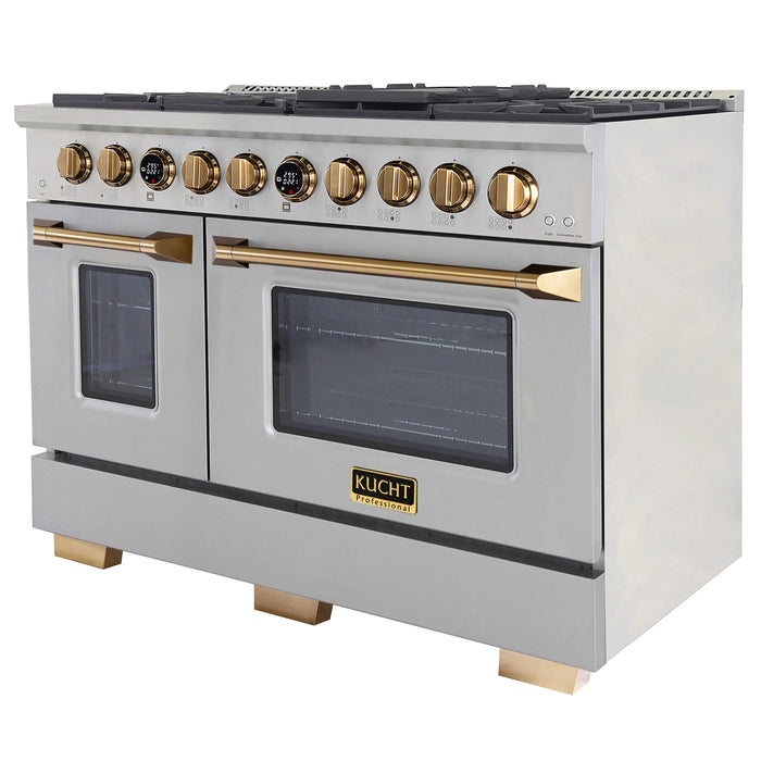 Kucht Horus 48-Inch Dual Fuel Range in Propane Gas with  6.7 cu. ft. Electric Oven & 8 Gas Burners in Stainless Steel with Gold Accents & Digital Thermostat (KXP48-GL/LP)