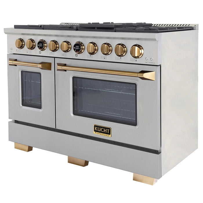 Kucht 2-Piece Appliance Package - 48-Inch Natural Gas Range with 6.7 Cu. Ft. Oven & Under Cabinet Range Hood in Stainless Steel with Gold Accents