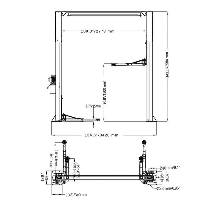 Katool 11,000lbs Asymmetrical 2 Post Lift | KT-AS110D