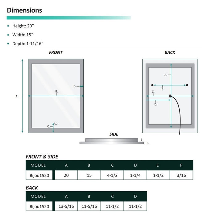 Krugg Reflections Bijou 15" x 20" Small Rectangular Wall-Mounted 5000K LED Mirror With Built-in Defogger and Dimmer