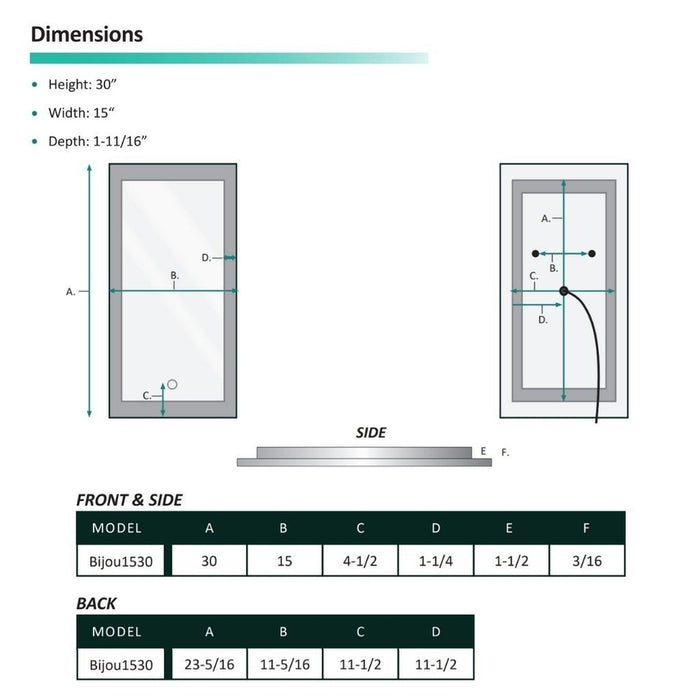 Krugg Reflections Bijou 15" x 30" Small Rectangular Wall-Mounted 5000K LED Bathroom Vanity Mirror With Built-in Defogger and Dimmer