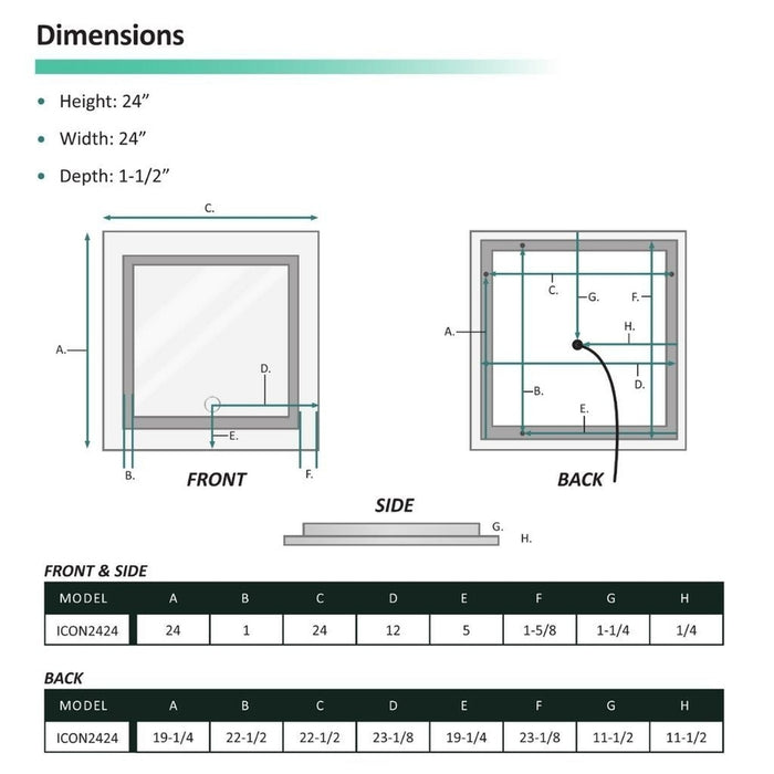 Krugg Reflections Icon 24" x 24" 5000K Square Wall-Mounted Illuminated Silver Backed LED Mirror With Built-in Defogger and Touch Sensor On/Off Built-in Dimmer