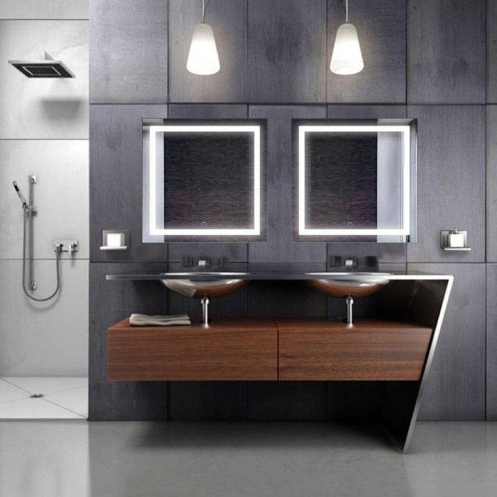 Krugg Reflections Icon 24" x 24" 5000K Square Wall-Mounted Illuminated Silver Backed LED Mirror With Built-in Defogger and Touch Sensor On/Off Built-in Dimmer