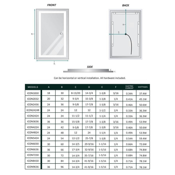 Krugg Reflections Icon 30" x 18" 5000K Rectangular Wall-Mounted Illuminated Silver Backed LED Mirror With Built-in Defogger and Touch Sensor On/Off Built-in Dimmer