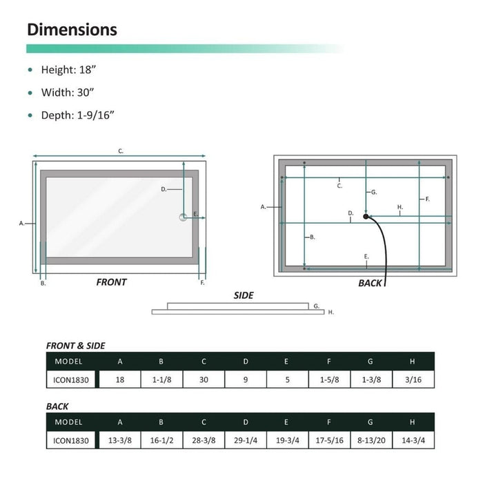 Krugg Reflections Icon 30" x 18" 5000K Rectangular Wall-Mounted Illuminated Silver Backed LED Mirror With Built-in Defogger and Touch Sensor On/Off Built-in Dimmer