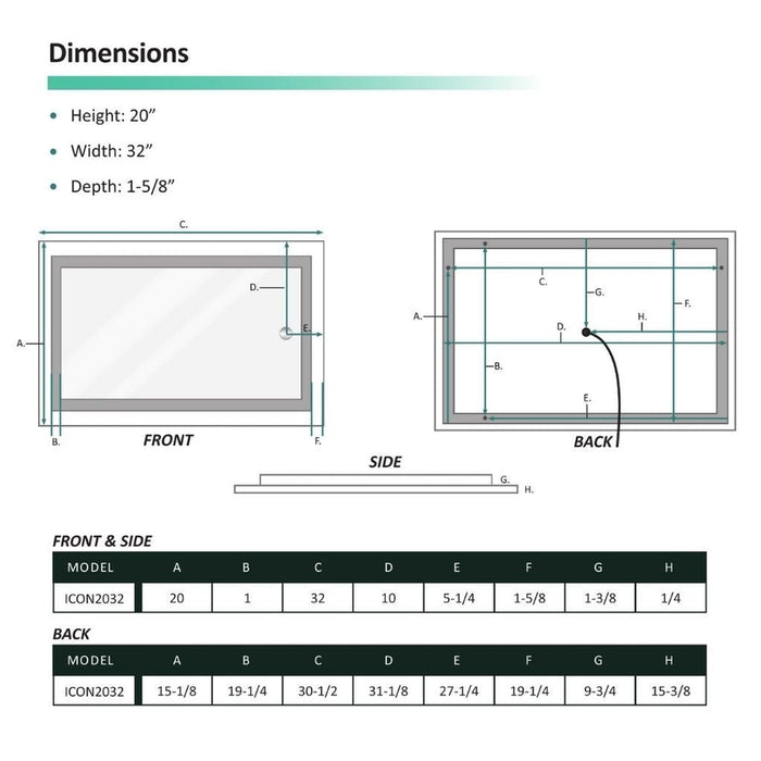 Krugg Reflections Icon 32" x 20" 5000K Rectangular Wall-Mounted Illuminated Silver Backed LED Mirror With Built-in Defogger and Touch Sensor On/Off Built-in Dimmer