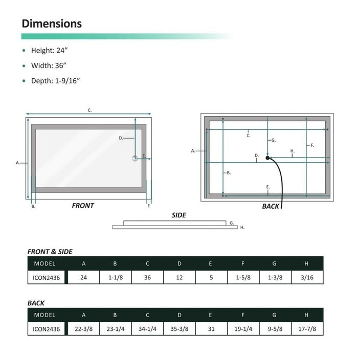 Krugg Reflections Icon 36" x 24" 5000K Rectangular Wall-Mounted Illuminated Silver Backed LED Mirror With Built-in Defogger and Touch Sensor On/Off Built-in Dimmer