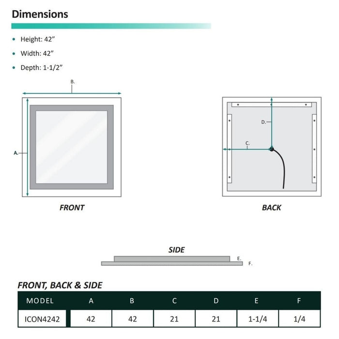 Krugg Reflections Icon 42” x 42” 5000K Square Wall-Mounted Illuminated Silver Backed LED  Mirror With Built-in Defogger and Touch Sensor On/Off Built-in Dimmer