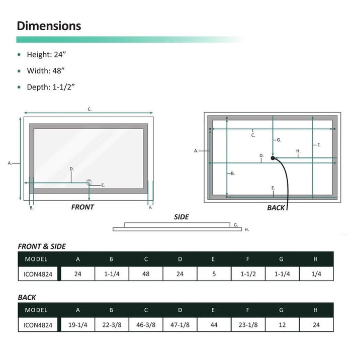 Krugg Reflections Icon 48” x 24” 5000K Rectangular Wall-Mounted Illuminated Silver Backed LED Mirror With Built-in Defogger and Touch Sensor On/Off Built-in Dimmer