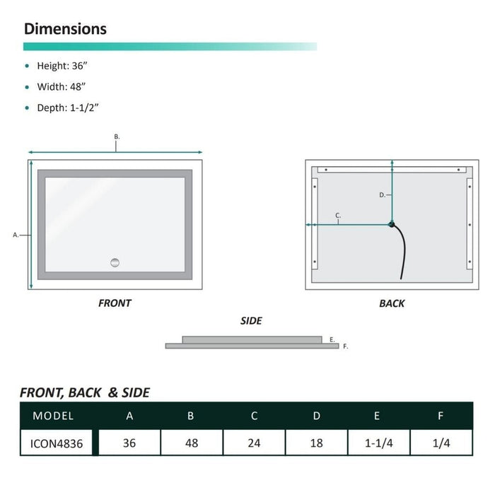 Krugg Reflections Icon 48” x 36” 5000K Rectangular Wall-Mounted Illuminated Silver Backed LED  Mirror With Built-in Defogger and Touch Sensor On/Off Built-in Dimmer