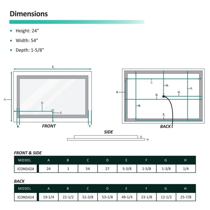 Krugg Reflections Icon 54" x 24" 5000K Rectangular Wall-Mounted Illuminated Silver Backed LED Mirror With Built-in Defogger and Touch Sensor On/Off Built-in Dimmer