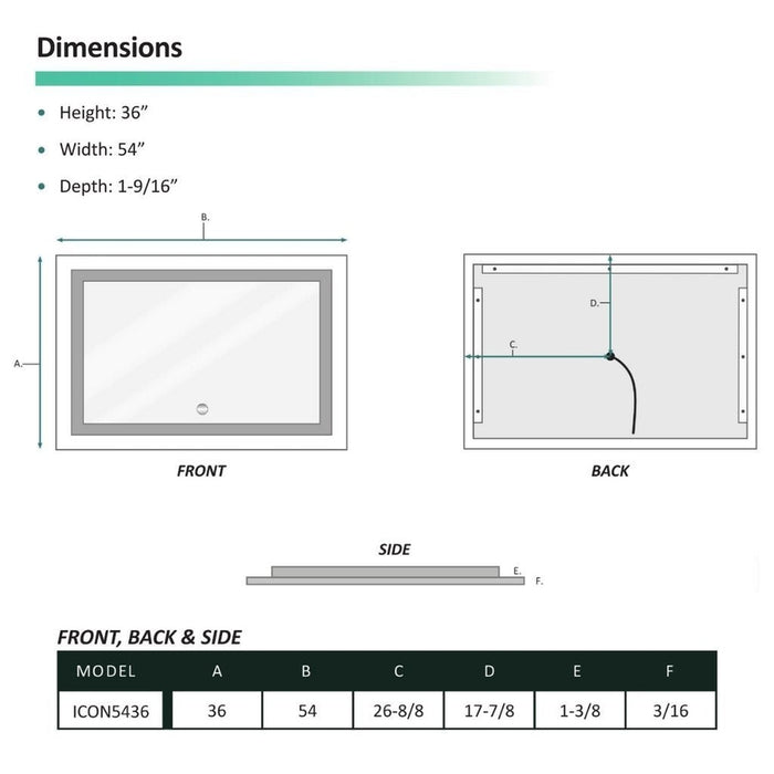 Krugg Reflections Icon 54” x 36” 5000K Rectangular Wall-Mounted Illuminated Silver Backed LED  Mirror With Built-in Defogger and Touch Sensor On/Off Built-in Dimmer