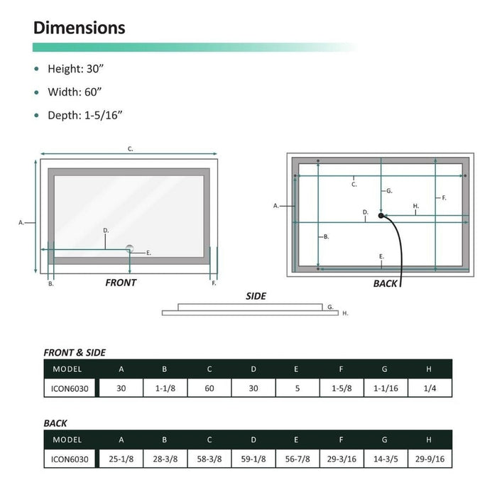 Krugg Reflections Icon 60" x 30" 5000K Rectangular Wall-Mounted Illuminated Silver Backed LED Mirror With Built-in Defogger and Touch Sensor On/Off Built-in Dimmer