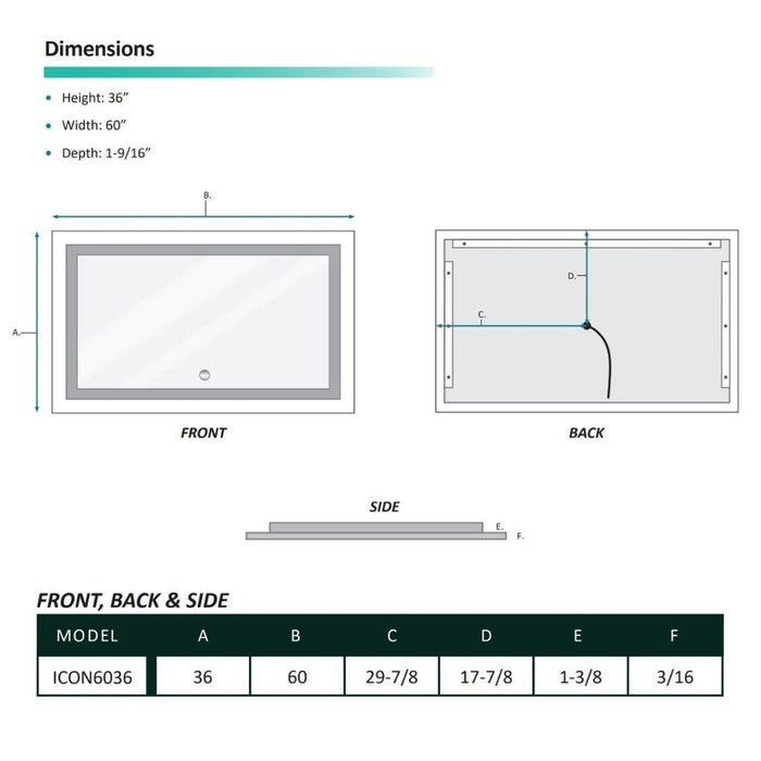 Krugg Reflections Icon 60” x 36” 5000K Rectangular Wall-Mounted Illuminated Silver Backed LED  Mirror With Built-in Defogger and Touch Sensor On/Off Built-in Dimmer