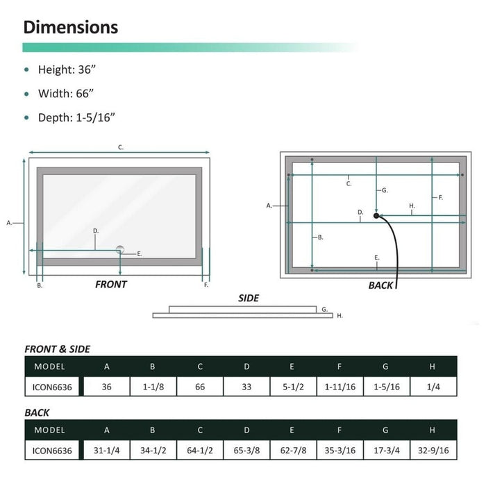 Krugg Reflections Icon 66” x 36” 5000K Rectangular Wall-Mounted Illuminated Silver Backed LED Mirror With Built-in Defogger and Touch Sensor On/Off Built-in Dimmer