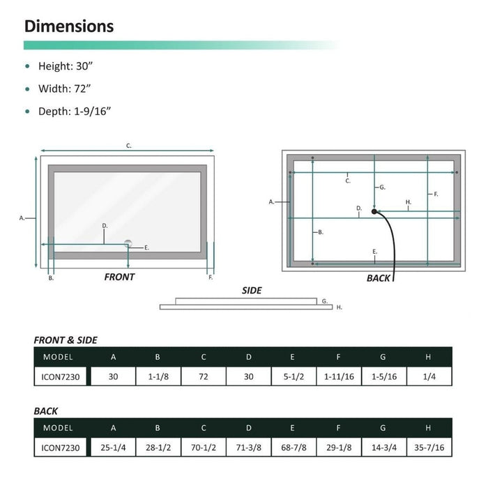 Krugg Reflections Icon 72" x 30" 5000K Rectangular Wall-Mounted Illuminated Silver Backed LED Mirror With Built-in Defogger and Touch Sensor On/Off Built-in Dimmer