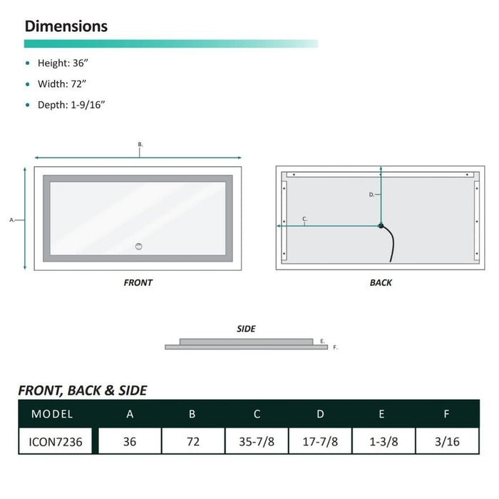 Krugg Reflections Icon 72” x 36” 5000K Rectangular Wall-Mounted Illuminated Silver Backed LED  Mirror With Built-in Defogger and Touch Sensor On/Off Built-in Dimmer