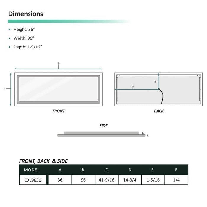 Krugg Reflections Icon 96" x 36" 5000K Rectangular Wall-Mounted Lighted LED Mirror With Built-in Defogger